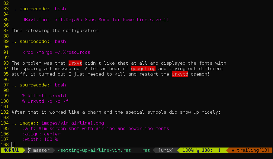 Vim screen shot with airline and powerline fonts